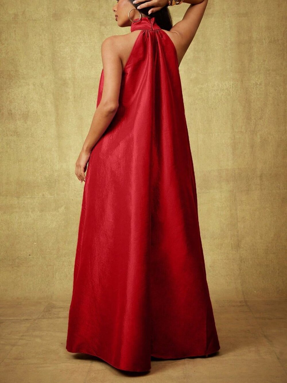 Red Women's Taffeta Bow Tie Halter Neck Extreme Wide Leg Jumpsuit - Picture 2 of 5